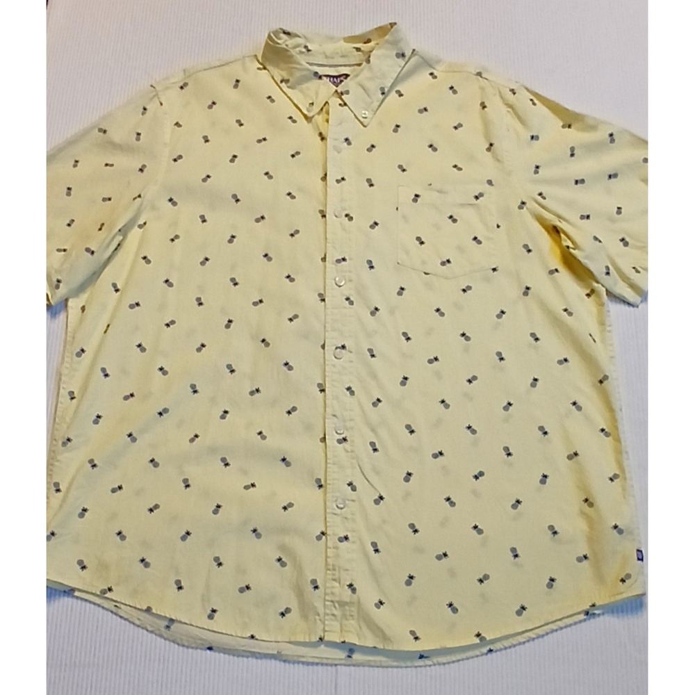 Chaps Mens 2XL Yellow Pineapple Print Cotton Short Sleeve Button Down Shirt